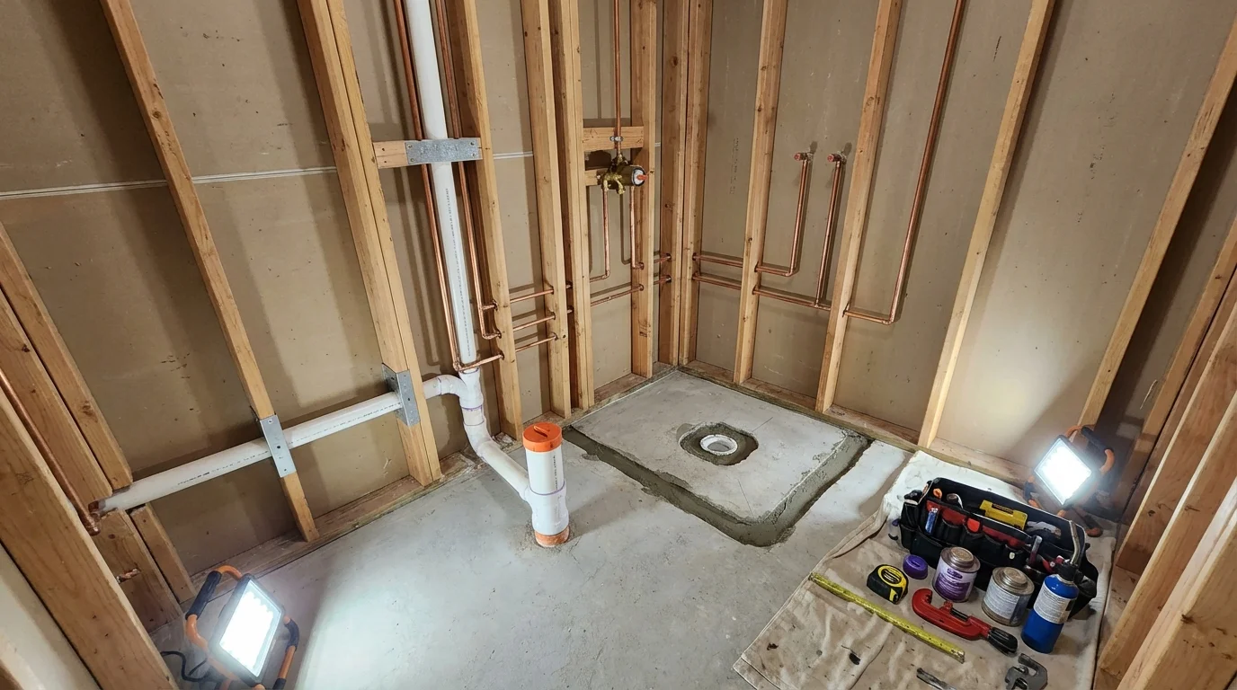 Bathroom rough-in plumbing during remodel by Johns Plumbing LLC in Lyndonville