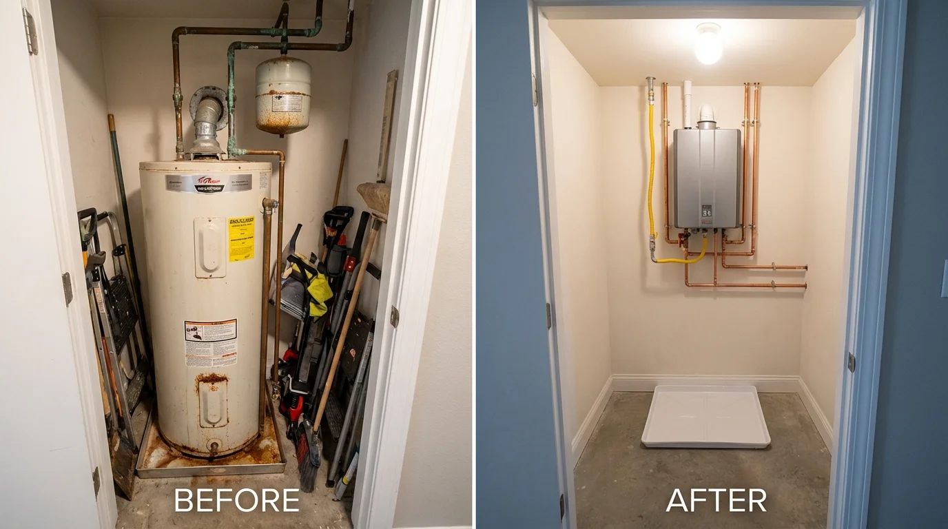 Tank water heater versus wall-mounted tankless unit comparison for Lyndonville, VT homeowners