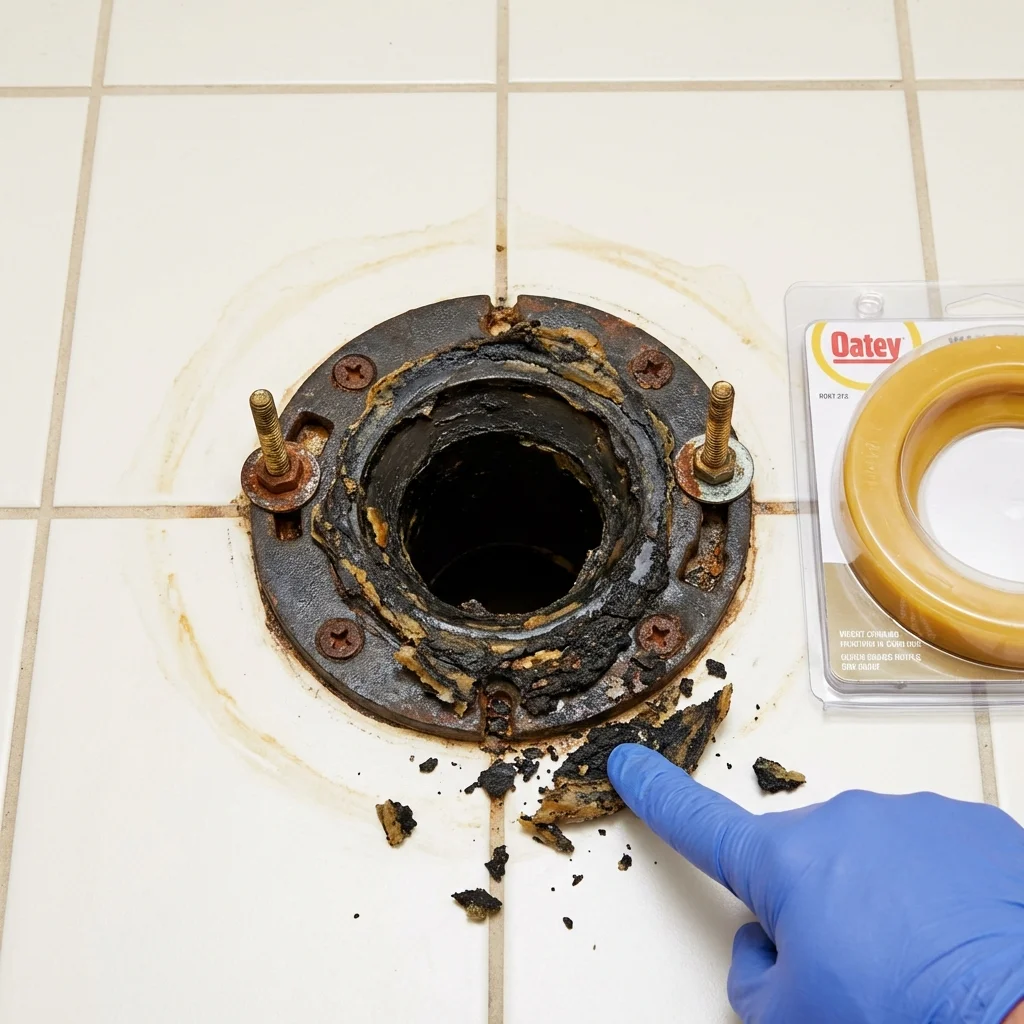 Failed wax ring showing water seepage at the base of a toilet in a Lyndonville, VT home