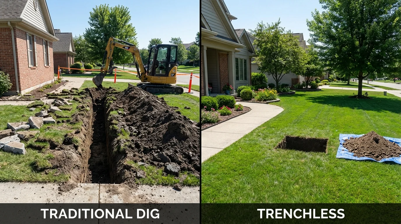 Trenchless sewer repair with minimal yard damage versus traditional excavation in Lyndonville, VT